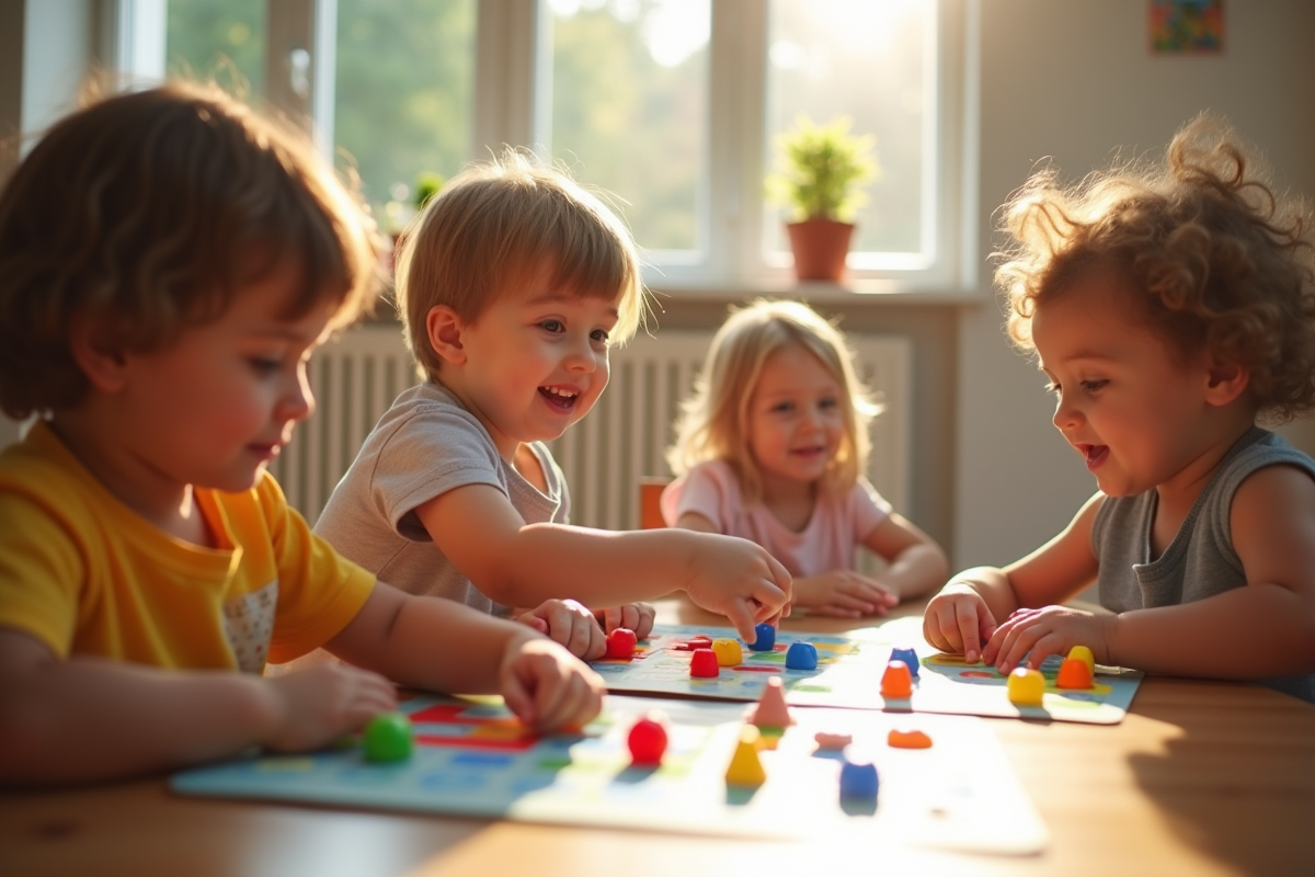 Groupe d'enfants de 3 ans jouant à un jeu coloré
