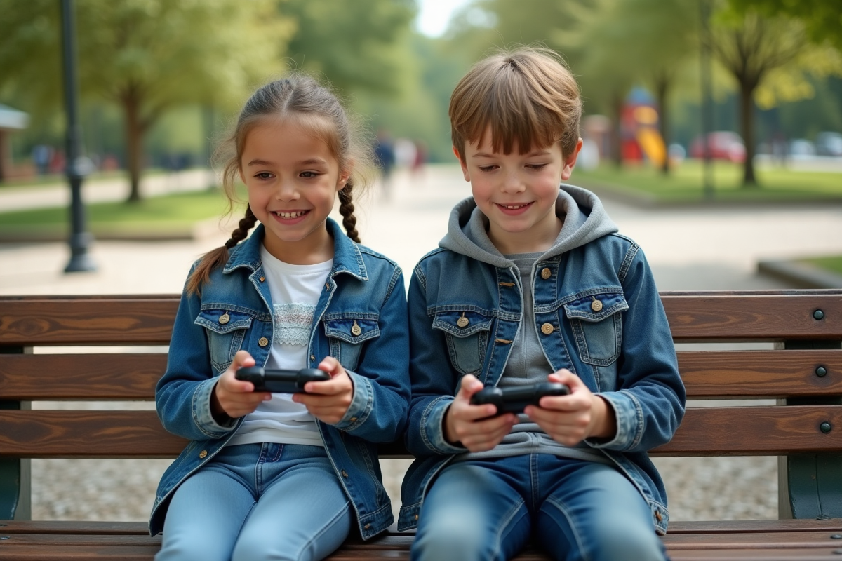 Deux enfants assis sur un banc de parc jouant avec des consoles de jeux