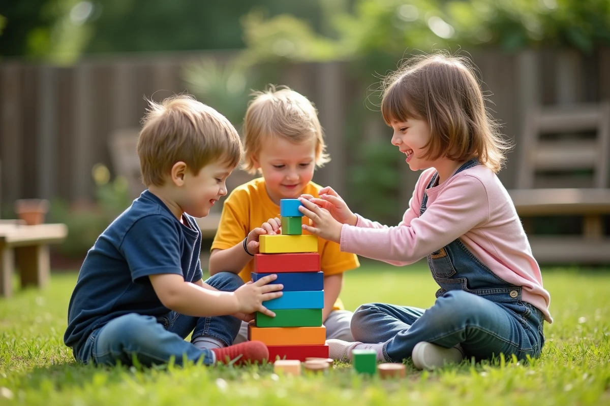 Trois enfants construisent une tour avec blocs Montessori