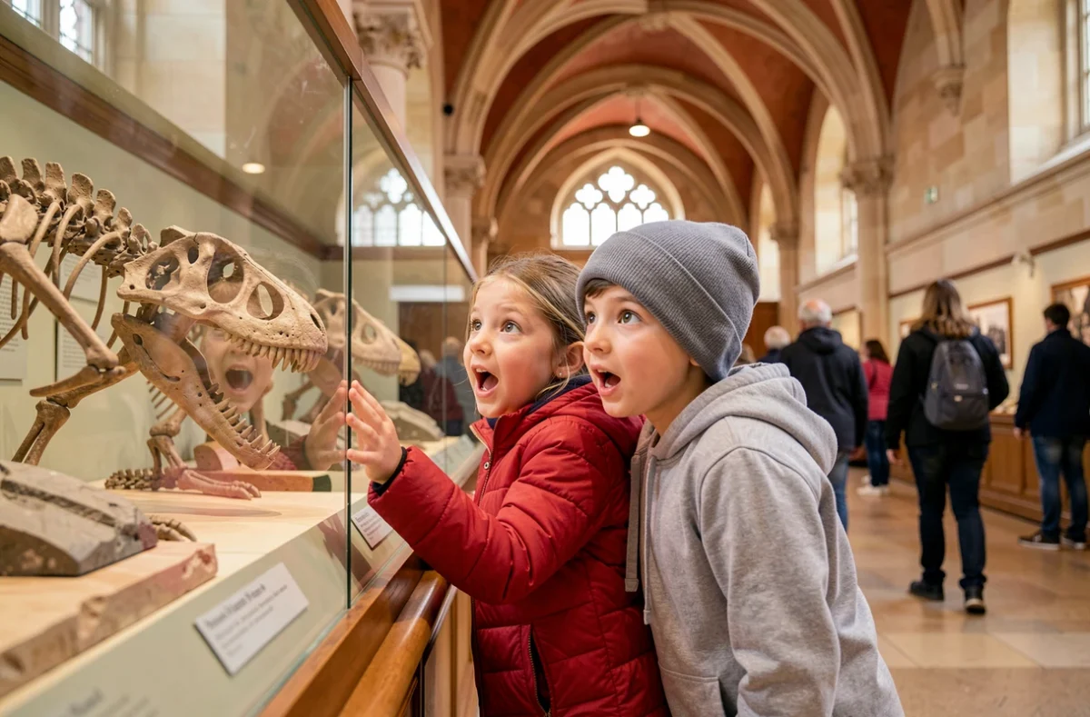 Enfants français émerveillés devant une exposition de fossiles de dinosaures au Natural History Museum de Londres
