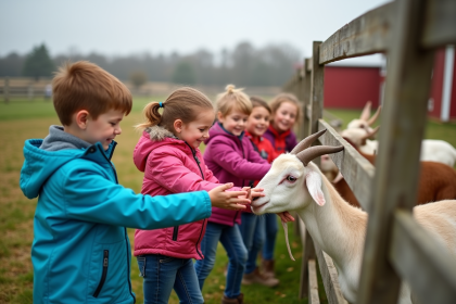Enfants petant des chèvres dans une ferme en plein air