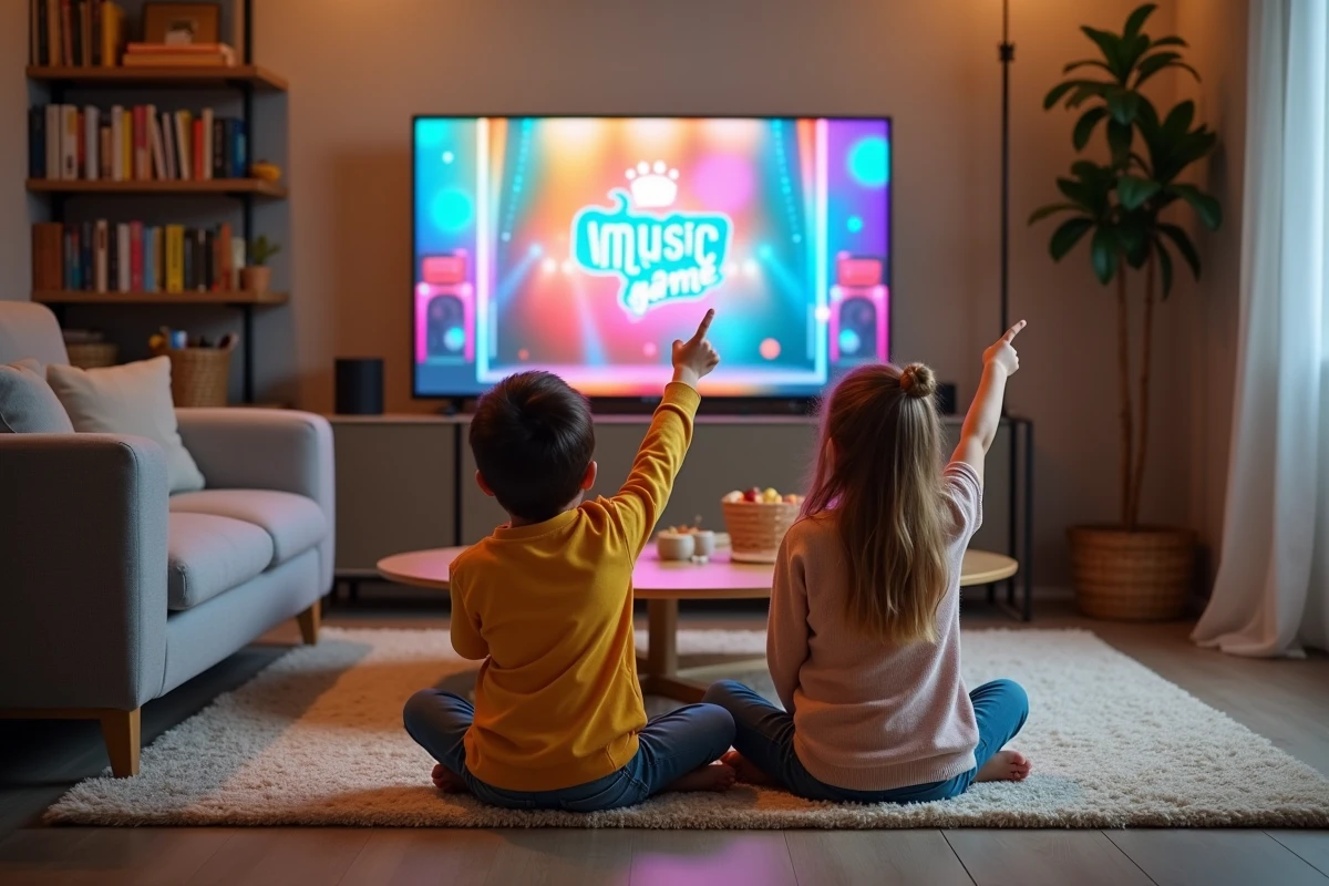 Deux enfants regardant avec enthousiasme une émission musicale télévisée dans un salon familial confortable