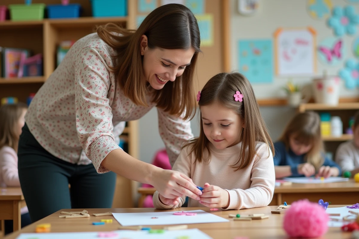 Enseignante aidant un élève à fabriquer une fleur en papier de soie pour la fête des mères