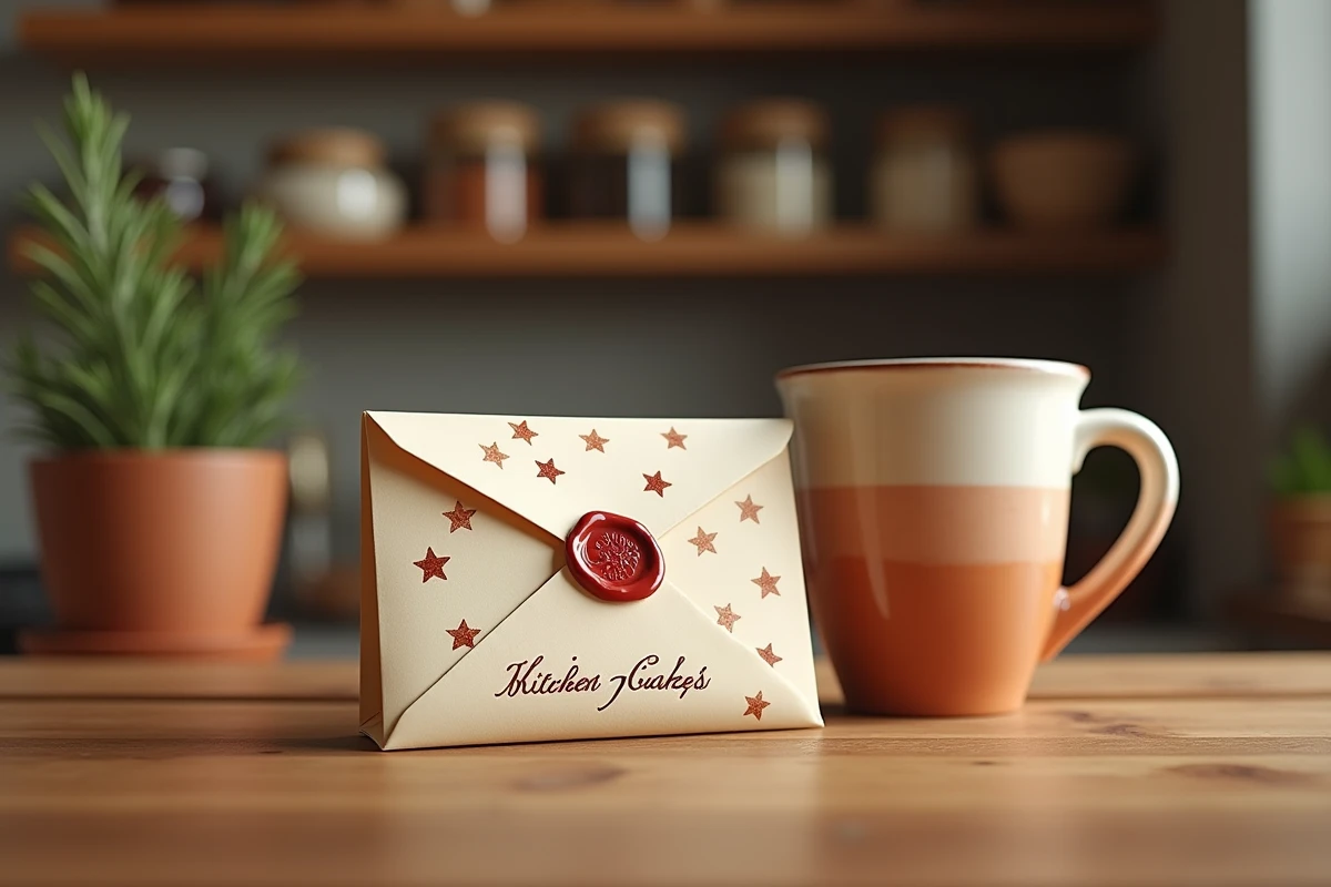 Enveloppe de lutin farceur avec cachet de cire rouge posée contre une tasse en céramique dans une cuisine chaleureuse