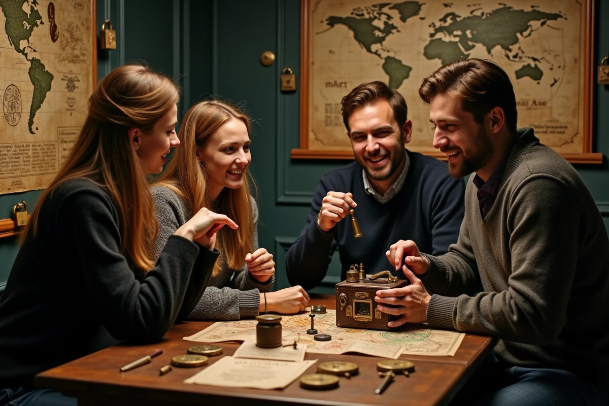 Adultes jouant à un escape game pour un anniversaire dans une salle d'énigmes décorée sur le thème vintage