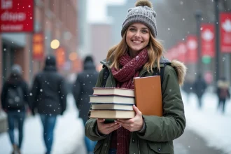 Etudiante souriante avec livres devant un bâtiment universitaire enneige