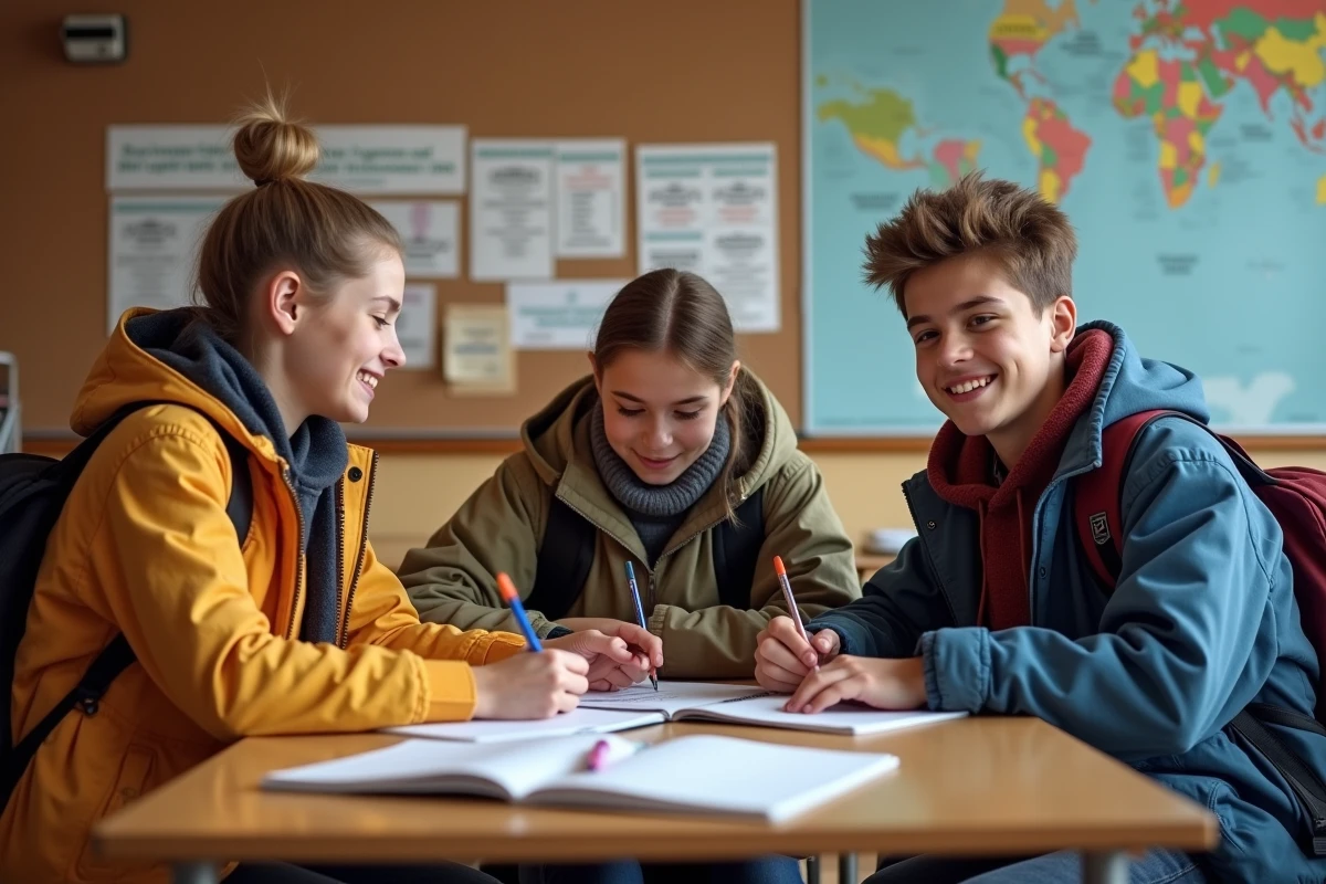 Groupe de lycéens étudiant ensemble dans un salon intérieur