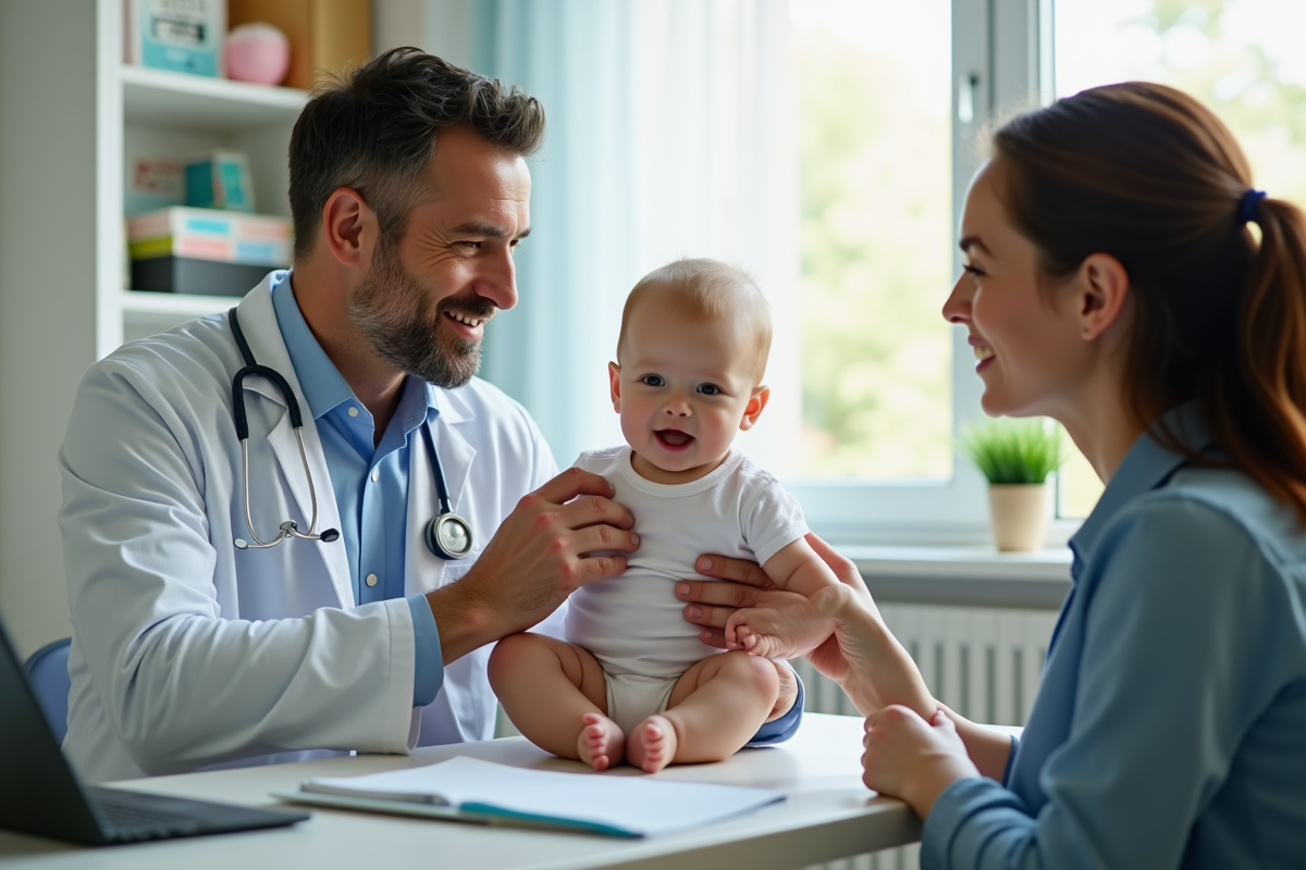 Pédiatre examinant un bébé souriant dans une salle lumineuse