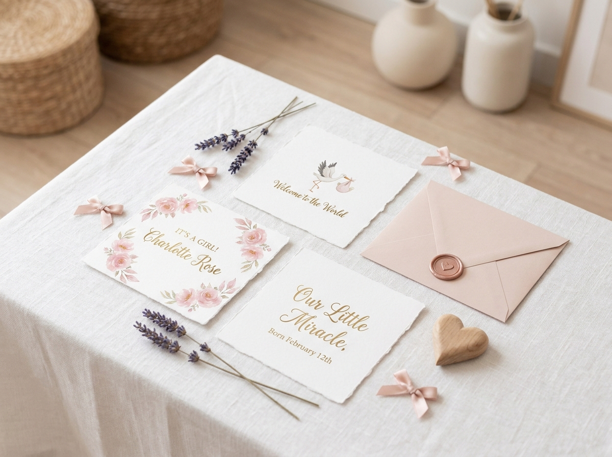 Faire-part de naissance pour une petite fille disposés en flat lay avec des accessoires floraux roses et des enveloppes cachetées