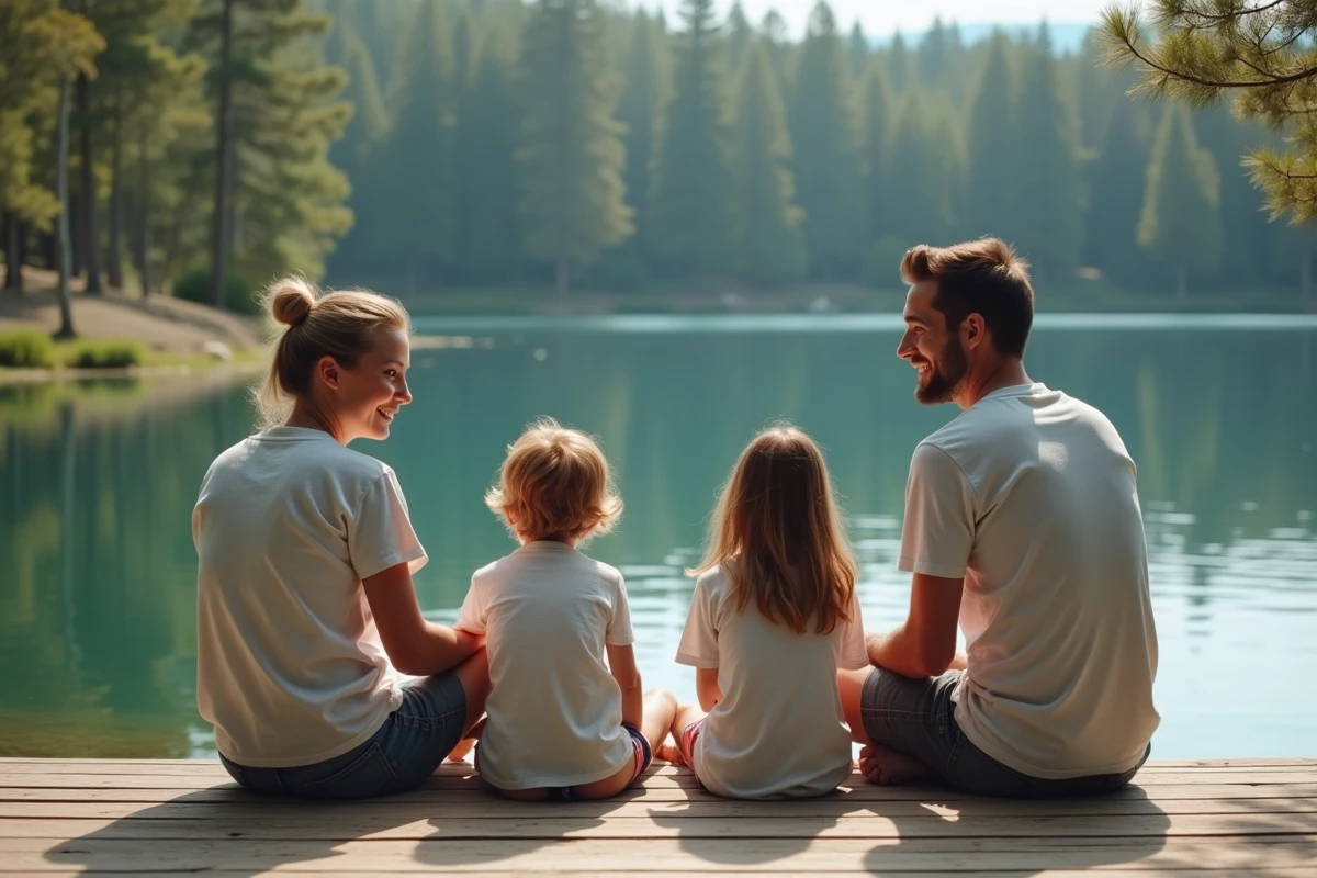 Famille en discussion détendue au bord d'un lac lors d'une journée estivale