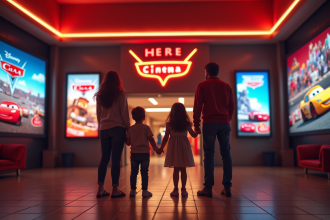 Famille enthousiaste devant un cinéma avec affiches Cars 4
