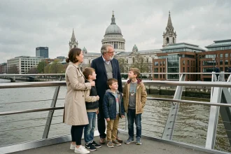 Famille française en vacances scolaires sur le Millennium Bridge à Londres avec vue sur la cathédrale Saint-Paul