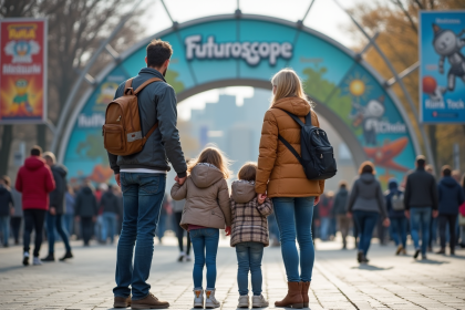 Famille devant l'entrée du parc Futuroscope en printemps