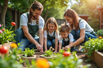 Famille heureuse jardinant dans un grand jardin verdoyant