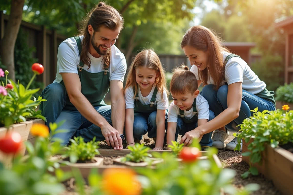 Famille heureuse jardinant dans un grand jardin verdoyant