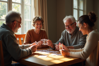 Famille multigenerations jouant au rummy autour d'une table