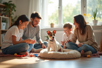 Famille heureuse dans un salon lumineux avec un chiot Fox Terrier