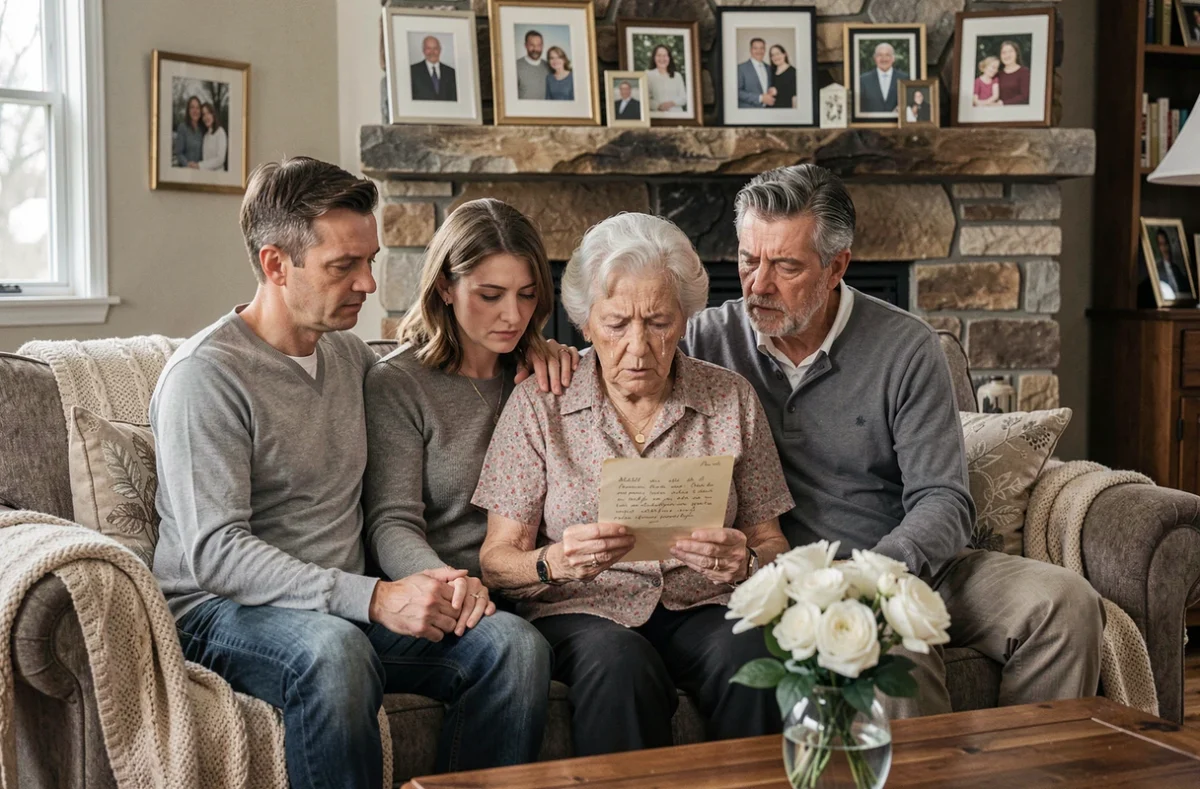 Famille réunie autour d'une lettre manuscrite d'un grand-père décédé, moment d'émotion sincère lors de la lecture d'un message d'adieu