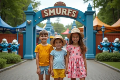 Famille souriante devant l'entrée du parc Smurf en été