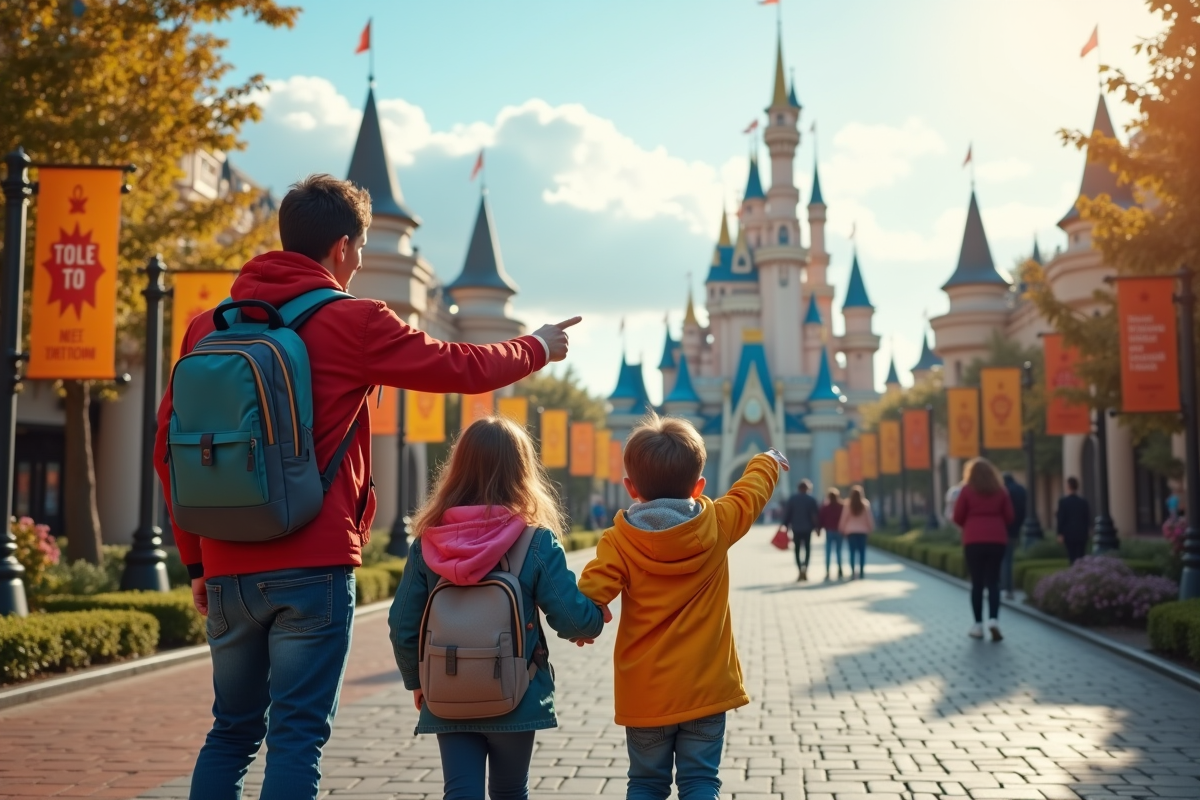 Famille heureuse devant un château de conte de fées en parc européen
