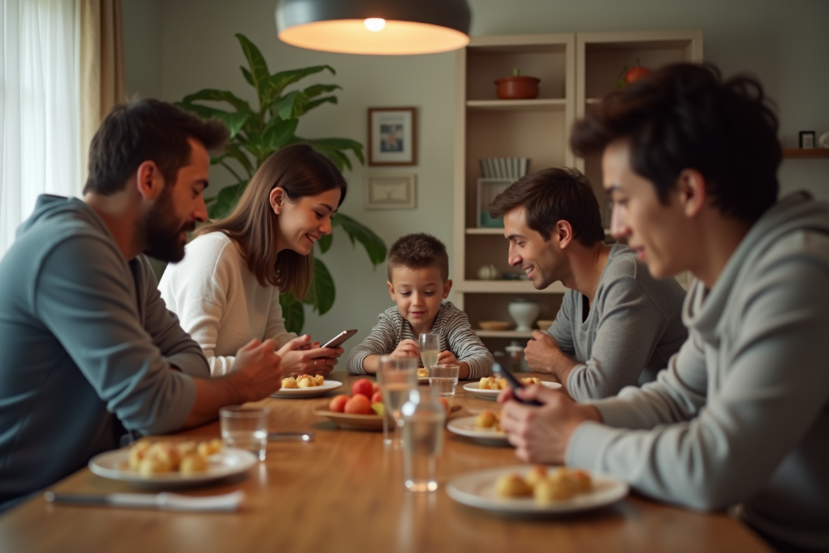 Parents absorbés par leurs téléphones à table en famille