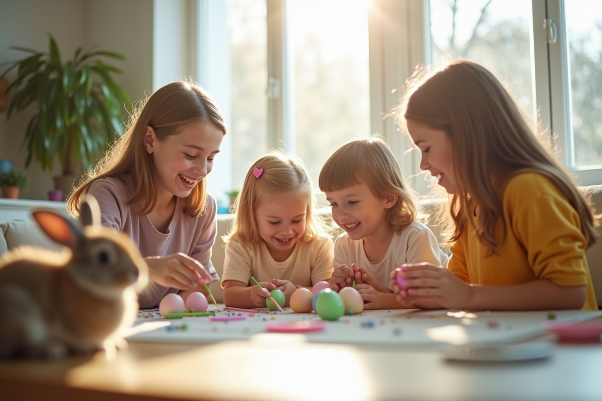 Famille heureuse peignant des œufs de Pâques dans un salon lumineux