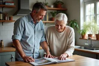 Couple souriant regardant un album photo en cuisine