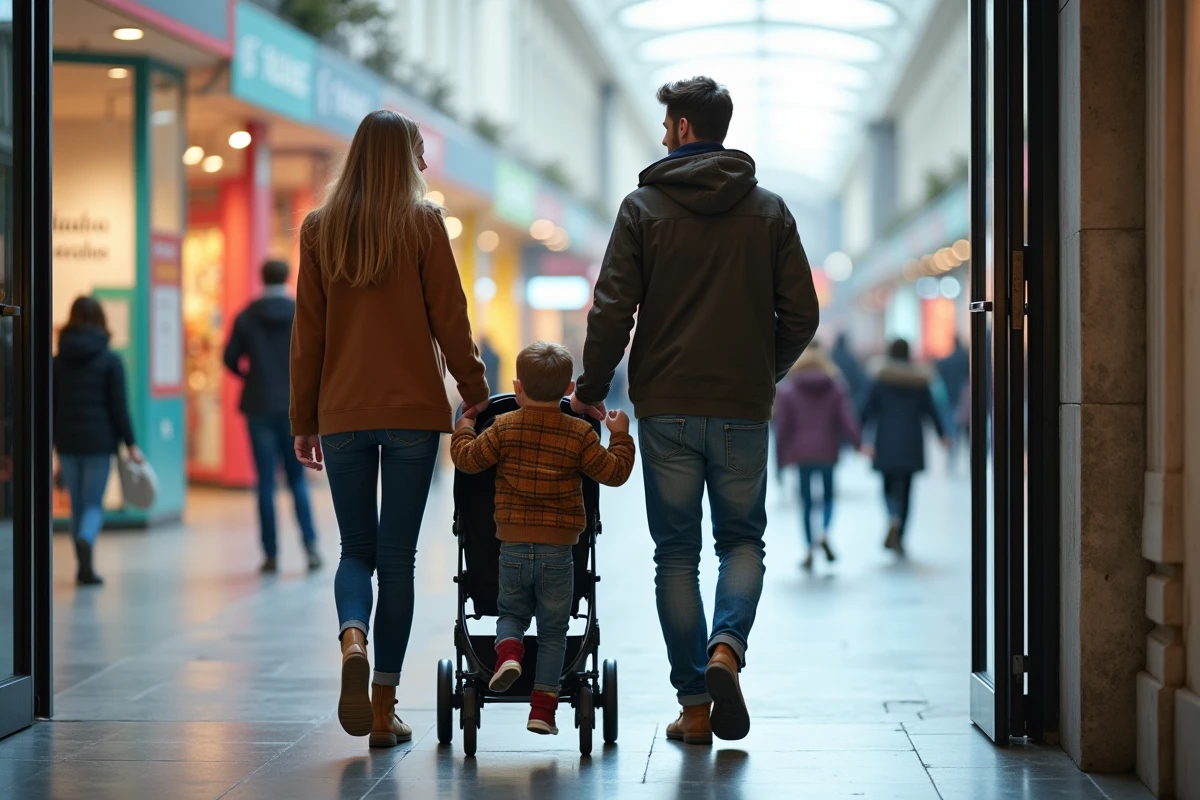 Famille avec poussette entrant dans un musée pour enfants à Paris, enfant de 3 ans curieux sur le repose-pied