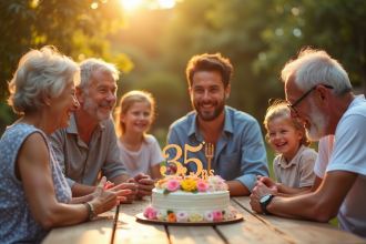 Famille multigenerational autour d'une table jardin pour un anniversaire
