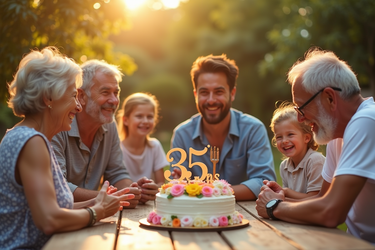 Famille multigenerational autour d'une table jardin pour un anniversaire
