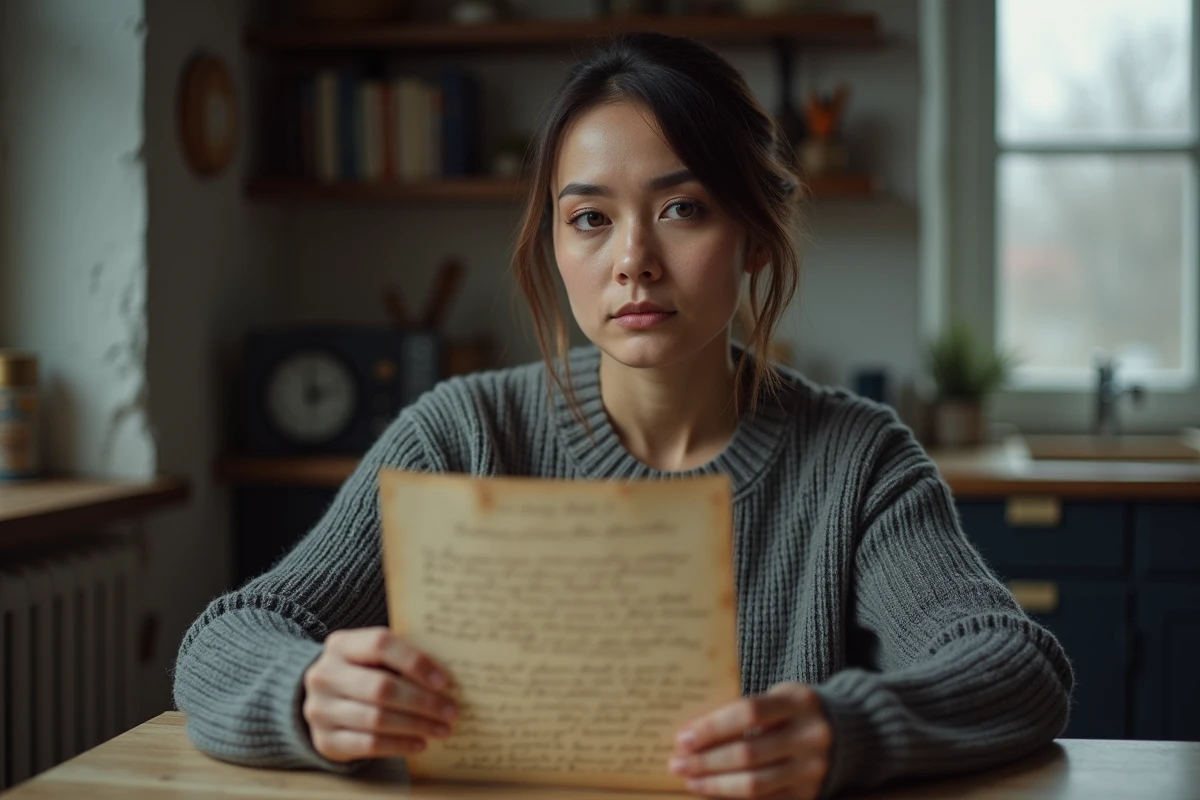 Femme adulte tenant une lettre manuscrite avec une expression de deuil et de souvenir d'enfance