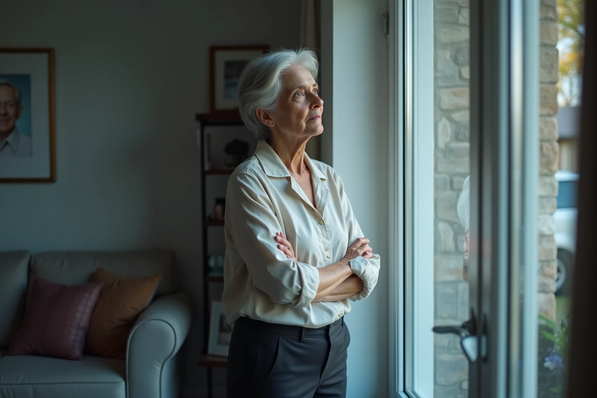 Femme âgée contemplative debout près d'une fenêtre dans un salon silencieux