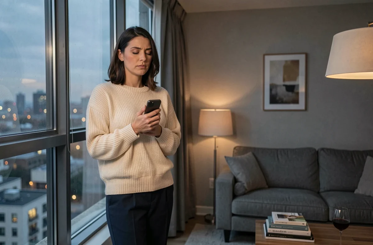 Femme attendant près d'une fenêtre le soir avec son téléphone, symbolisant l'attente et l'ambivalence émotionnelle dans une relation secrète