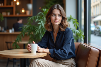 Femme assise au café regardant par la fenêtre
