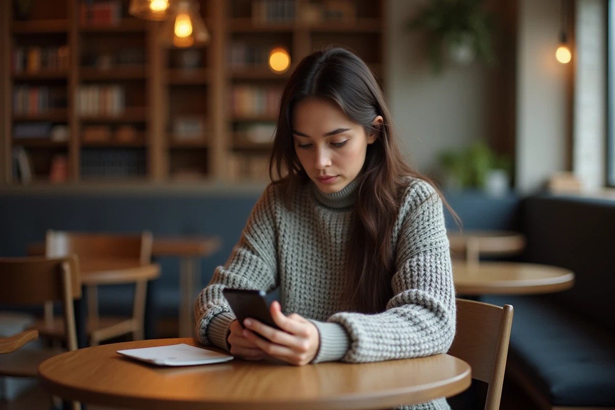 Femme assise au café regardant son smartphone