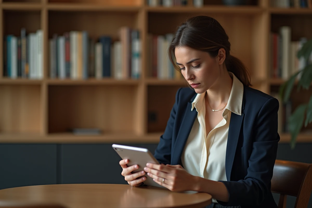 Femme réfléchissant dans un café moderne et cosy