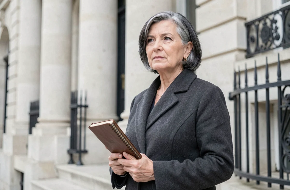 Femme élégante et discrète devant un bâtiment institutionnel français symbolisant l'effacement médiatique des conjoints de politiques