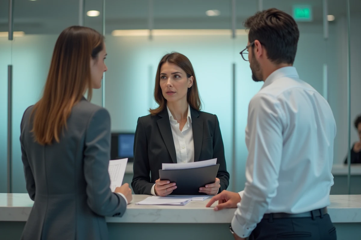Femme en démarche bancaire avec un conseiller, illustrant la solidarité des dettes entre époux prévue par l'article 220 du Code civil