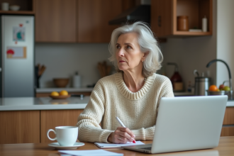 Femme d'âge moyen travaillant à la cuisine avec un ordinateur