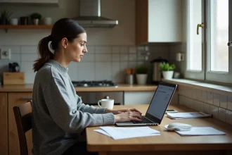 Femme seule face à un ordinateur portable consultant un site de divorce en ligne dans une cuisine d'appartement