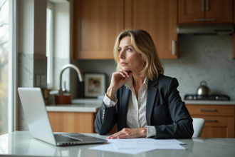 Femme réfléchissant à un divorce dans sa cuisine moderne