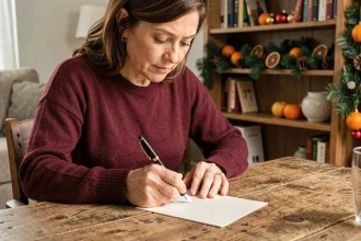 Femme écrivant une carte de Noël à la main sur un bureau en bois rustique dans un salon décoré pour les fêtes