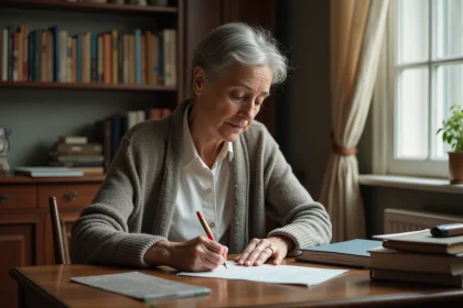 Femme d'âge moyen écrivant une lettre d'adieu à la main dans un bureau vintage