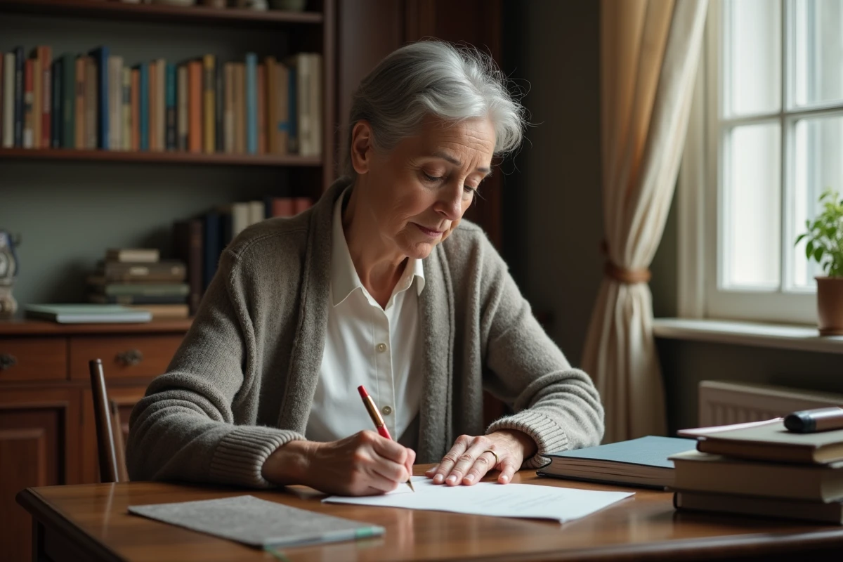 Femme d'âge moyen écrivant une lettre d'adieu à la main dans un bureau vintage