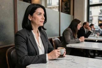 Femme élégante seule dans un café parisien, regard pensif, illustrant une séparation médiatisée