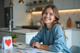 Jeune femme souriante en cuisine avec cartes d anniversaire