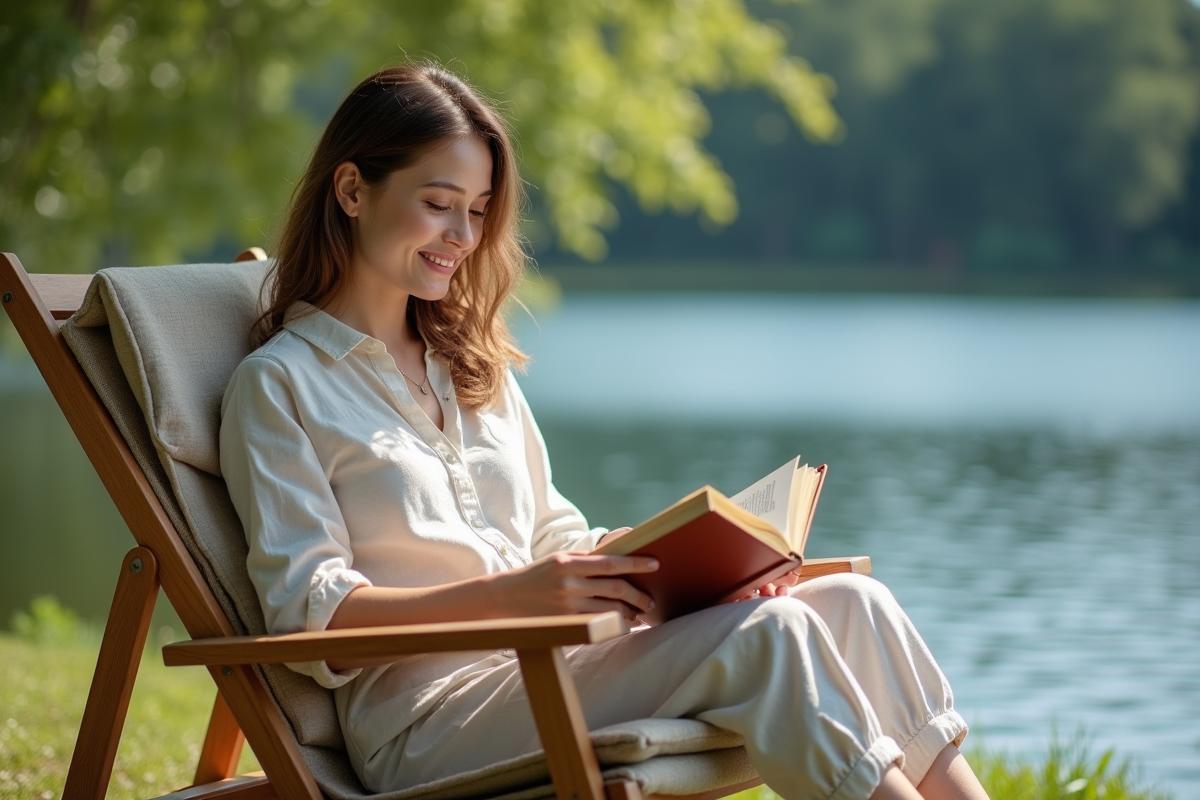Femme souriante lisant un livre au bord du lac