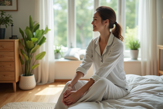 Jeune femme en pyjamas confortables au matin dans la chambre