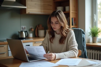 Femme d'une trentaine d'années examinant un formulaire à la maison