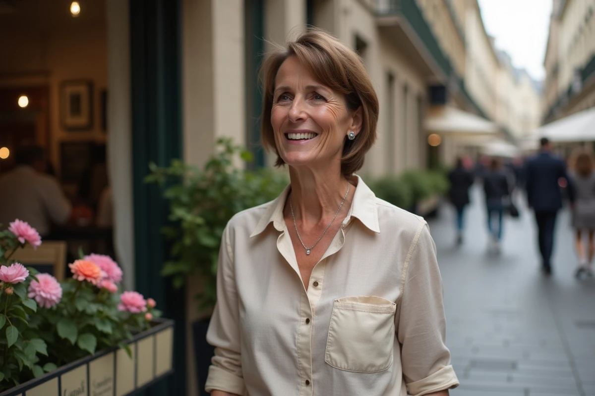 Femme marchant dans une rue parisienne animée